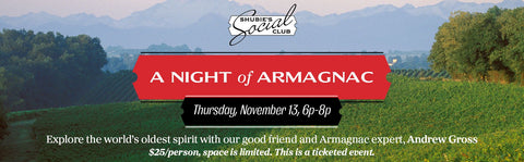 Promotional banner for 'A Night of Armagnac' event with vineyard background